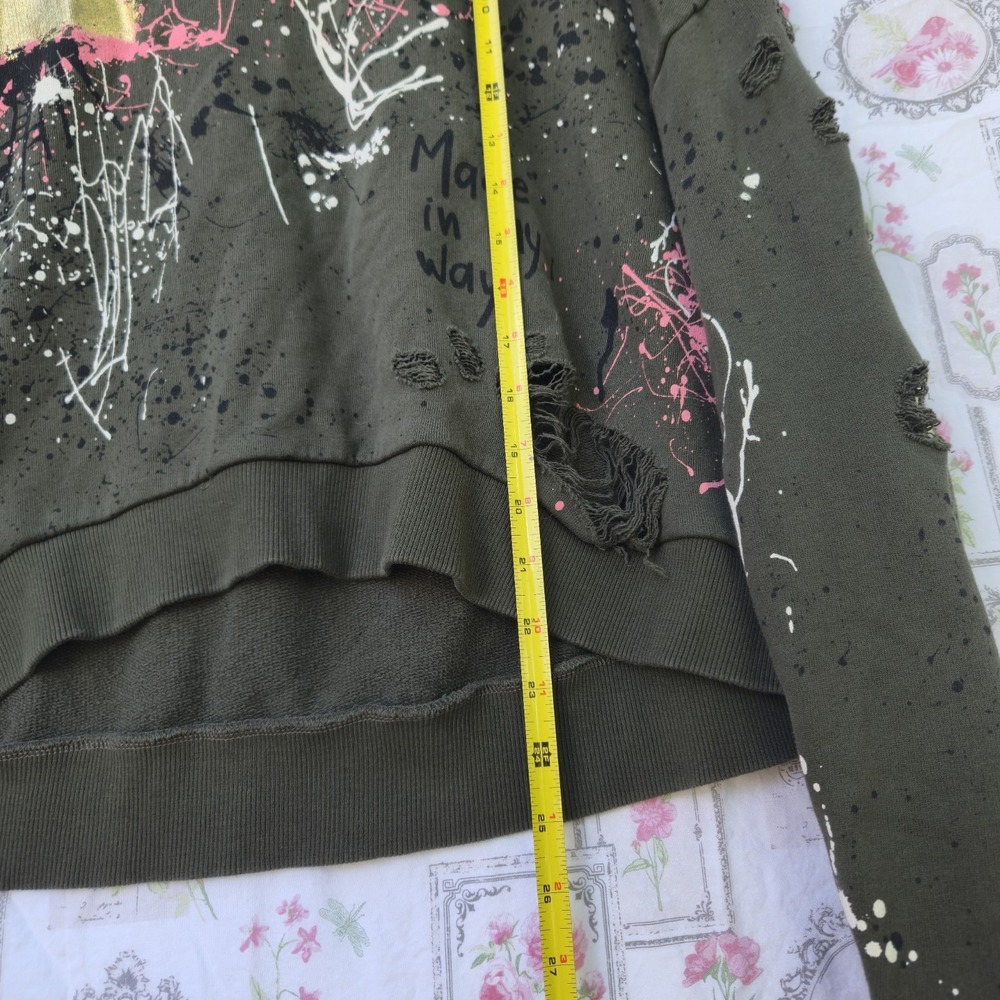 Zara Womans M Distressed Graffiti Paint Splatter Sweatshirt Green High Mock Neck - Picture 6 of 6